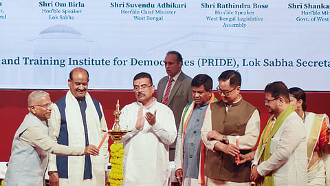 Rajya Sabha Deputy Chairman Harivansh Narayan Singh lights a lamp during the orientation programme for the members of the 18th legislative assembly in Kolkata on Friday, July 3, 2026. Lok Sabha Speaker Om Birla, Union Minister Kiren Rijiju, West Bengal Legislative Assembly Speaker Rathindra Bose, Chief Minister Suvendu Adhikari, and state LoP Ritabrata Banerjee were also present.