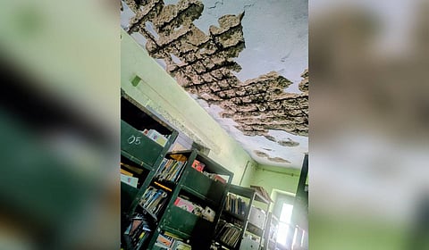 The damaged roof of a room in Tiruvaiyaru branch library.