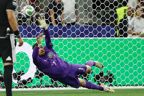 Australia goalkeeper Mathew Ryan (1) misses a save on penalty shootout against Egypt's Mahmoud Saber (21) during the World Cup round of 32 soccer match in Arlington, Texas, Friday, July 3, 2026.