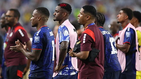 Cape Verde's players react after losing the 2026 World Cup round of 32 football match between Argentina and Cape Verde at the Miami Stadium in Miami Gardens on July 3, 2026. 