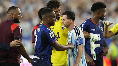 Cape Verde's forward #07 Jovane Cabral greets Argentina's Lionel Messi at the end of the 2026 World Cup round of 32 football match between Argentina and Cape Verde at the Miami Stadium in Miami Gardens on July 3, 2026. 