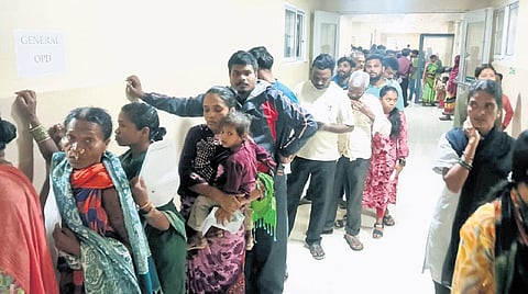A long queue of patients at the district headquarters hospital in Jeypore on Friday