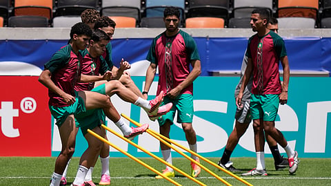 Morocco players work out during a training session in Houston, Friday, July 3, 2026, ahead of their round of 16 FIFA World Cup soccer game against Canada. 