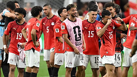 Egypt's players celebrate after winning the 2026 World Cup round of 32 football match between Australia and Egypt at the Dallas Stadium in Arlington on July 3, 2026. 