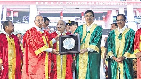Odisha Governor Kambhampati Haribabu attends the 38th Graduation Day and 11th Autonomous Graduation Ceremony of RVR & JC College of Engineering at Chowdavaram near Guntur.
