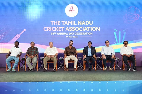 (L-R) C Mareeswaran (TNCA assistant secretary), K Sriram (Joint secretary), M Kumaresh (vice president), Murali Vijay (chief guest), TJ Srinivasaraj (president), U Bhagwandas Rao (secretary), R Rangarajan (treasurer)