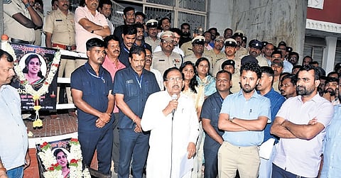 DCM Dr G Parameshwara addresses government employees who were staging an overnight protest outside the DC’s office in Tumakuru on Sunday 