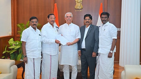DMK leaders submit petition, accusing TVK of attempting to persuade two of its MLAs to switch sides, to Governor R V Arlekar at Lok Bhavan on Saturday.