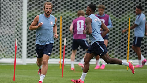 England's Harry Kane works out during a training session ahead of the World Cup round of 16 soccer match between England and Mexico, in Mexico City, Saturday, July 4, 2026.
