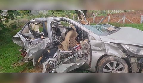 The mangled remains of the car that was involved in the accident near Peddakaparthi village, Nalgonda district.
