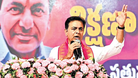 BRS working president KT Rama Rao addresses a party workers’ meeting in Sattupalli, Khammam district.
