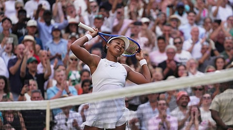 Naomi Osaka of Japan celebrates her victory against Aryna Sabalenka of Belarus in their fourth round women's singles match at the Wimbledon Tennis Championships in London, Sunday, July 5, 2026.
