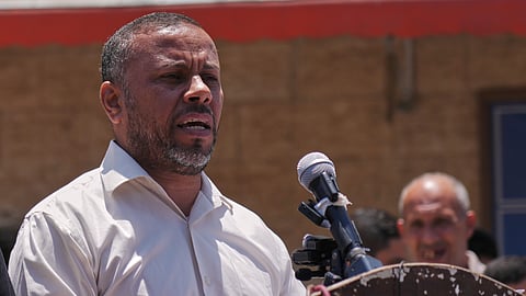 Ismail al-Thawabta, general director of the Hamas-run government media office, speaks during a press conference at Al-Aqsa Hospital in Deir al-Balah, central Gaza Strip, Monday, July 6, 2026.