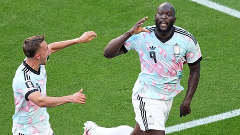 Belgium's Romelu Lukaku (9) celebrates after scoring his side's fourth goal during the World Cup round of 16 soccer match between the United States and Belgium in Seattle, Monday, July 6, 2026.