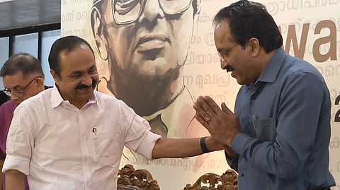 Former ISRO chairman S Somanath greets Chief Minister V D Satheesan after receiving the N Ramachandran Award for Excellence in Scientific Activities, instituted by the N Ramachandran Foundation, at a function in Thiruvananthapuram on Monday 