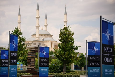 NATO banners in front of the Bestepe National Mosque ahead of the NATO Summit in Ankara, Turkey, Monday, July 6, 2026