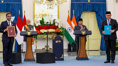 Prime Minister Narendra Modi and Indonesian President Prabowo Subianto witness the exchange of MoUs between the two countries following delegation-level talks at the Istana Merdeka in Jakarta, Indonesia, July 7, 2026.
