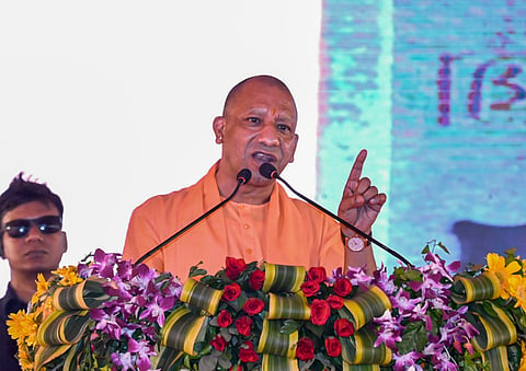 Uttar Pradesh Chief Minister Yogi Adityanath speaks during foundation stone laying ceremony of various development projects, in Pratapgarh district, Uttar Pradesh, Tuesday, July 7, 2026.