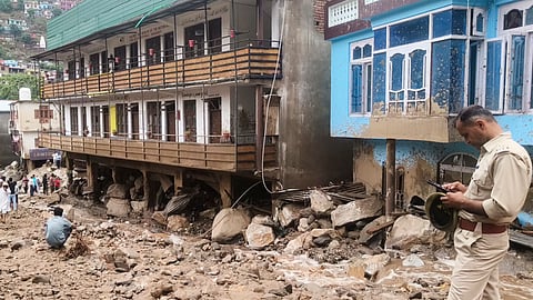  Buildings damaged by flash floods and mudslides triggered by incessant rainfall and cloudbursts are seen in Doda district, Jammu and Kashmir, Tuesday, July 7, 2026.