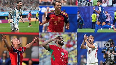 Clockwise from top left: Argentina's Lionel Messi, Spain's Mikel Oyarzabal, France's Kylian Mbappe, England's Harry Kane, Morocco's Ismael Saibari and Norway's Erling Haaland.