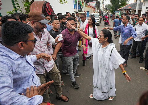 Former West Bengal CM and TMC supremo Mamata Banerjee speaks after a clash broke out between BJP and TMC workers during a protest march over the rape and murder of an 11-year-old girl in Baruipur, in Kolkata, Wednesday, July 8, 2026.
