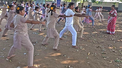 Students learning martial arts in a government school in Tiruchy.