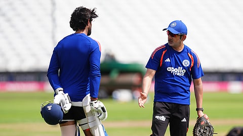 India's Tilak Varma, left, talks to the head coach Gautam Gambhir during a nets session in Nottingham, England, on Monday, July 6, 2026.