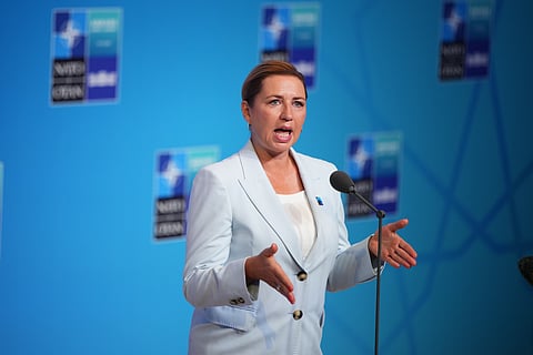 Denmark's Prime Minister Mette Frederiksen speaks as she arrives for the NATO summit in Ankara, Turkey, Wednesday, July 8, 2026. 