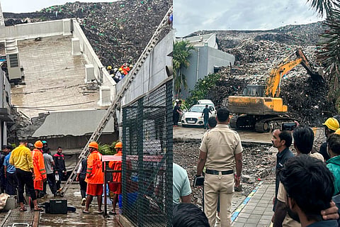  Rescue operation underway after a huge mound of garbage crashed onto a three-storey building, causing it to collapse, following heavy rains, at Moshi in Pune, Wednesday, July 8, 2026. At least 16 persons feared trapped in the incident. 