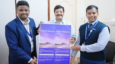
Tourism Minister Kandula Durgesh on Tuesday unveils the poster for new IndiGo flight services connecting Vijayawada to Varanasi and Kolkata, along with IndiGo officials. 
