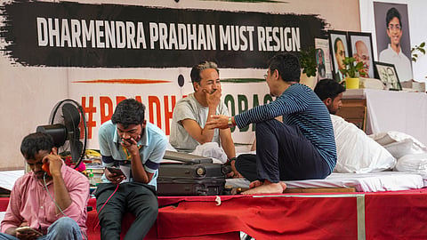 Climate activist Sonam Wangchuk during a hunger strike by Cockroach Janata Party (CJP) demanding action over alleged irregularities in examinations and seeking the resignation of Union Education Minister Dharmendra Pradhan, at Jantar Mantar in New Delhi.
