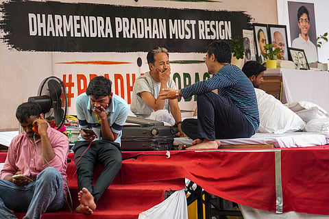Climate activist Sonam Wangchuk during a hunger strike by Cockroach Janata Party (CJP) demanding action over alleged irregularities in examinations and seeking the resignation of Union Education Minister Dharmendra Pradhan, at Jantar Mantar in New Delhi, Wednesday, July 8, 2026. CJP's protest at Jantar Mantar entered its 19th day on Wednesday.