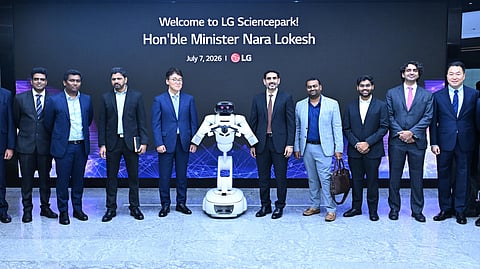 IT Minister Nara Lokesh at a meeting with LG Chem Global Strategy Centre president Yoon-ju Koh on Tuesday.
