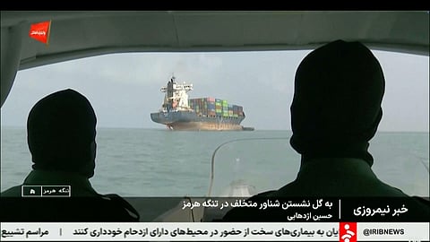 This frame grab of footage aired Wednesday, July 1, 2026, by Iranian state television shows a vessel that ran aground in the Strait of Hormuz.