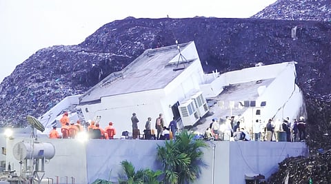 Rescue personnel carry out operations at the site where a three-storey administrative building collapsed at the Pimpri Chinchwad Municipal Corporation's waste-to-energy plant in Moshi following heavy rainfall, in Pune, Thursday, July 9, 2026. 