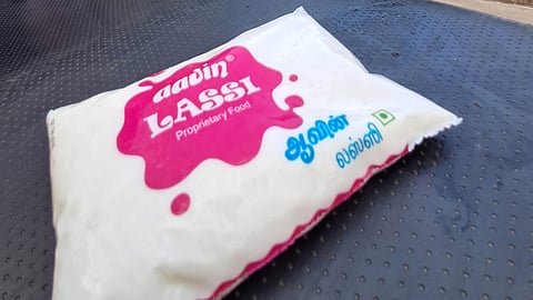 Shots of Aavin Lassi packet at aavin parlour.