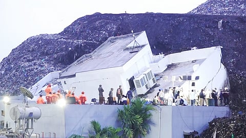 Rescue personnel carry out operations at the site where a three-storey administrative building collapsed at the Pimpri Chinchwad Municipal Corporation's waste-to-energy plant in Moshi following heavy rainfall, in Pune, Thursday, July 9, 2026. 