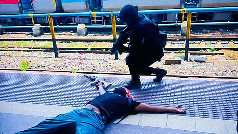 Security mock drill underway at Puri railway station on Wednesday.
