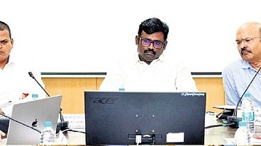 Commercial Taxes and Registration Minister T Lokesh Tamizhselvan chairs a review meeting on Wednesday.