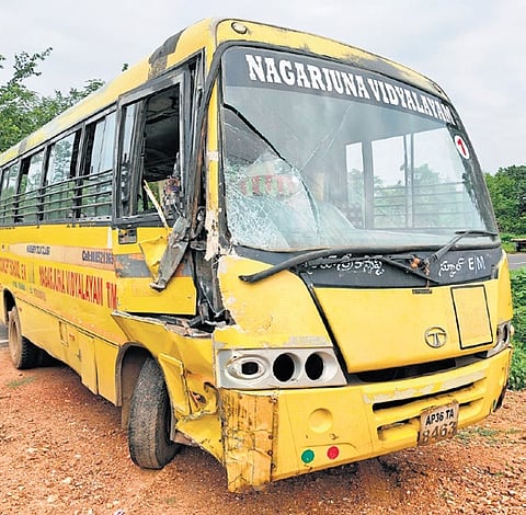 The front portion of the bus was severely damaged. 