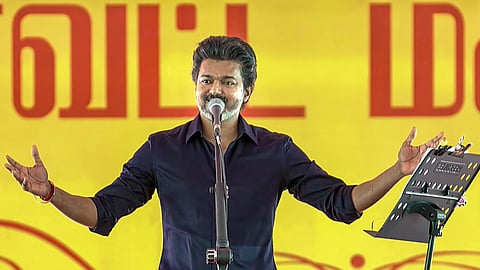 Tamil Nadu Chief Minister Vijay during the People's Meeting Program as part of his first official visit to Karur after he took up the reins as Chief Minister, in Karur, Tamil Nadu