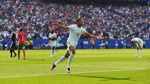 France's Kylian Mbappe (10) celebrates scoring the opening goal during the World Cup quarterfinal soccer match between France and Morocco in Foxborough, Mass., near Boston, Thursday, July 9, 2026. 