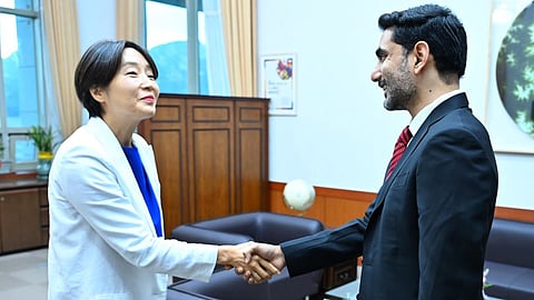 Minister for IT Nara Lokesh, during a meeting with Eui-hae Cecilia Chung, the Vice Minister for Political Affairs at South Korea's Ministry of Foreign Affairs, on Thursday. 