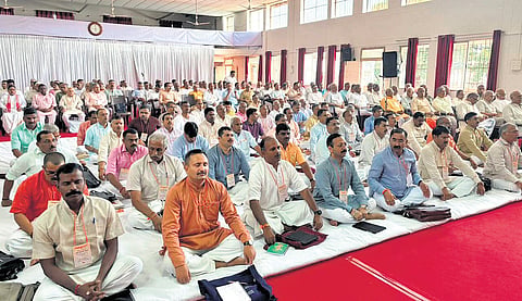 Participants attend the three-day Rashtriya Swayamsevak Sangh meeting in Belagavi on Friday 