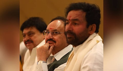 Union Minister for Health and Family Welfare, JP Nadda along with Union Minister G Kishan Reddy and BJP State chief N Ramchander Rao during the conference on 'Democracy, Diplomacy and Development' at Taj Deccan in Hyderabad on Thursday.