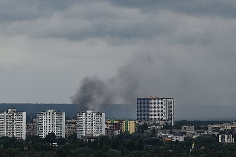 Smoke rises from the site of a Russian drone strike on the Ukrainian capital Kyiv on July 8, 2026, amid the Russian invasion in Ukraine. 