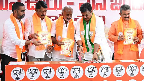 BJP state president PVN Madhav during Mana Ooru-Mana Jenda programme on Thursday. 