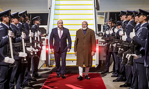 Prime Minister Narendra Modi, accompanied by New Zealand Prime Minister Christopher Luxon, receives a ceremonial Guard of Honour upon his arrival in Auckland during his last leg of this three-nation visit. 
