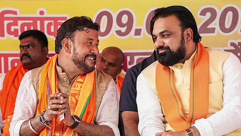 Bihar Chief Minister Samrat Choudhary with Abhishek Kumar Sinha during an event after the latter filed his nomination papers, in Patna, Thursday, July 9, 2026.