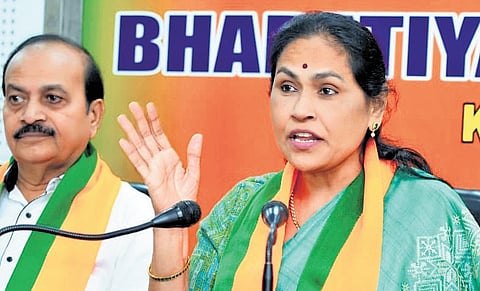 Union Minister of State and Bengaluru North MP Shobha Karandlaje addresses 
the media in Bengaluru on Friday.